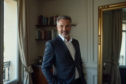 Homme parisien en costume dans un appartement haussmannien