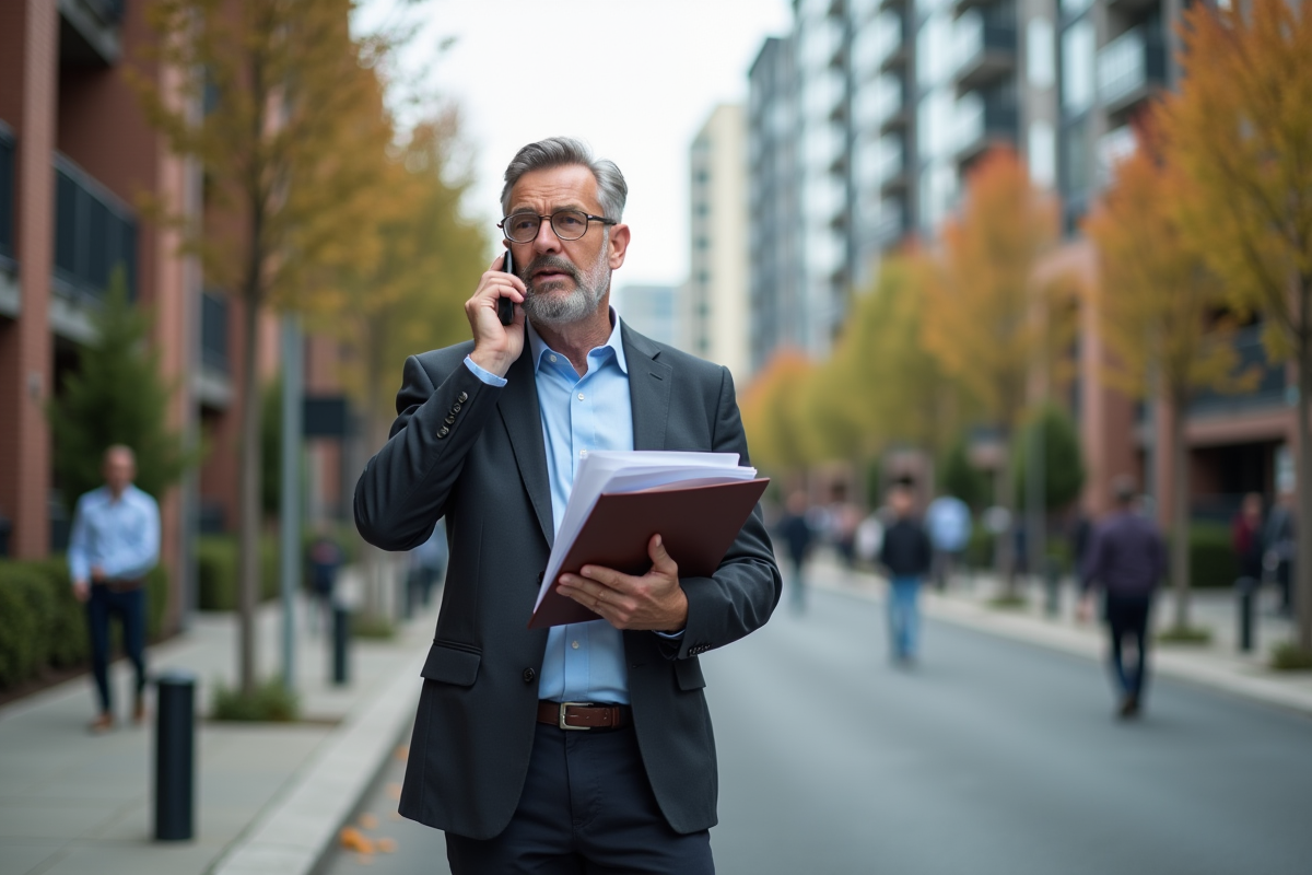 Homme d age parlant au téléphone avec documents immobiliers