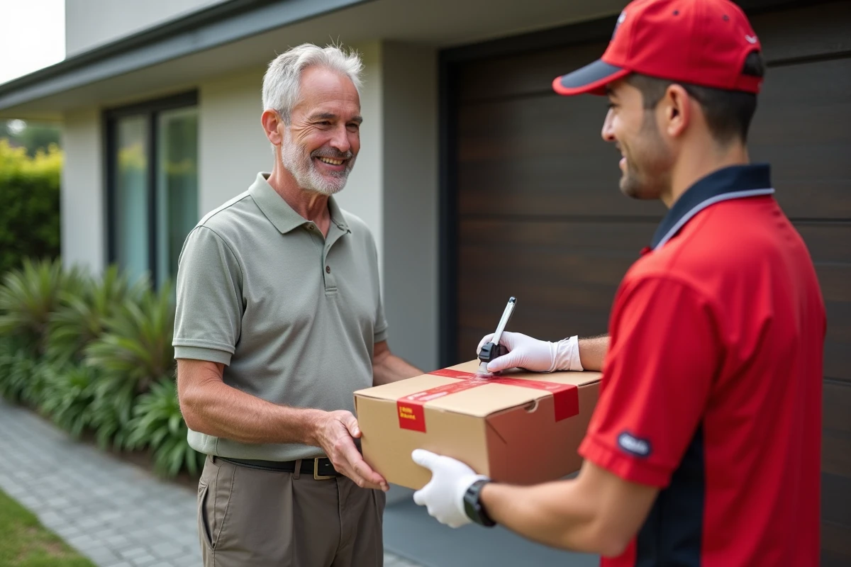 Homme signe pour un colis livré par un facteur devant sa maison