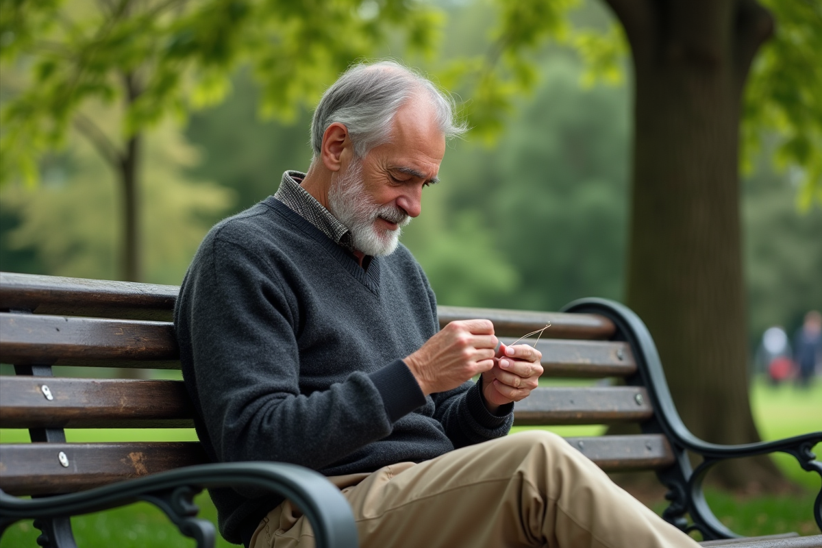 Homme âgé réparant une veste dans un parc urbain