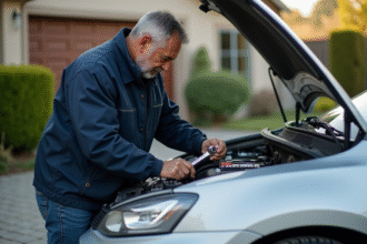 Homme d'âge moyen utilisant une clé pour desserrer la batterie d'une voiture