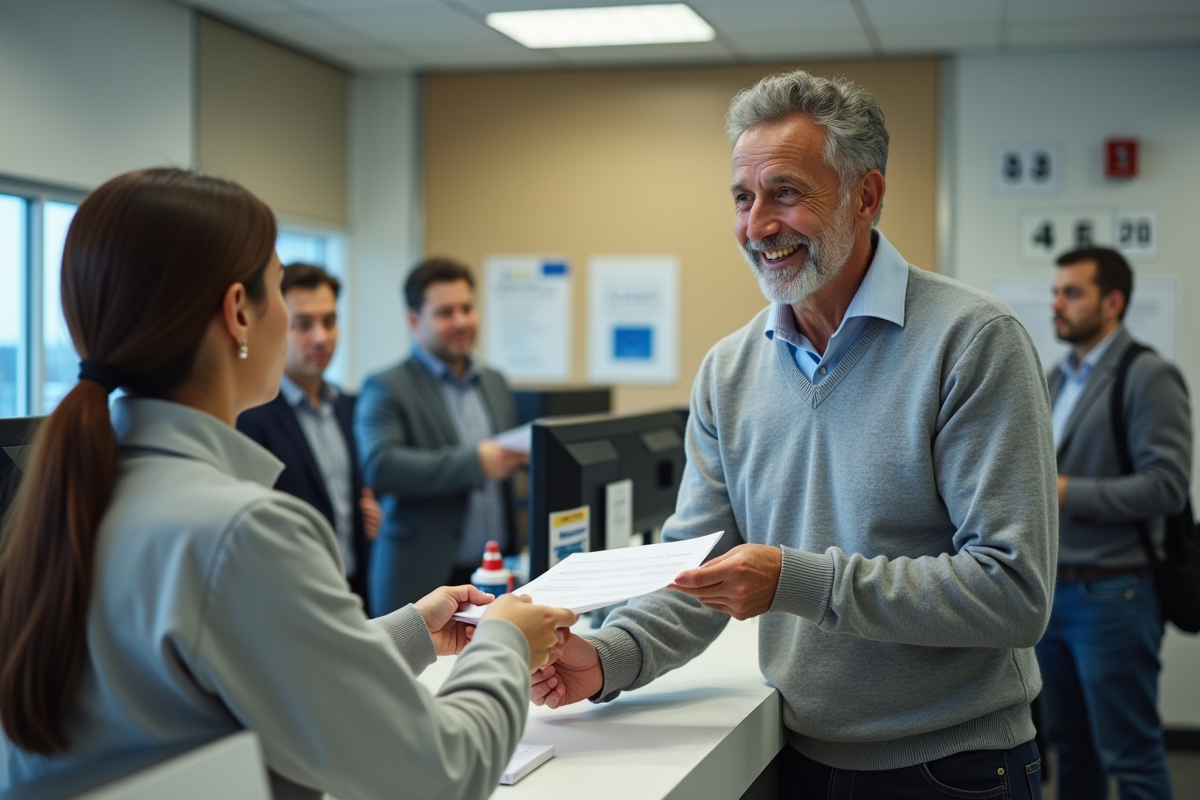 Homme remettant un formulaire au guichet dans un bureau