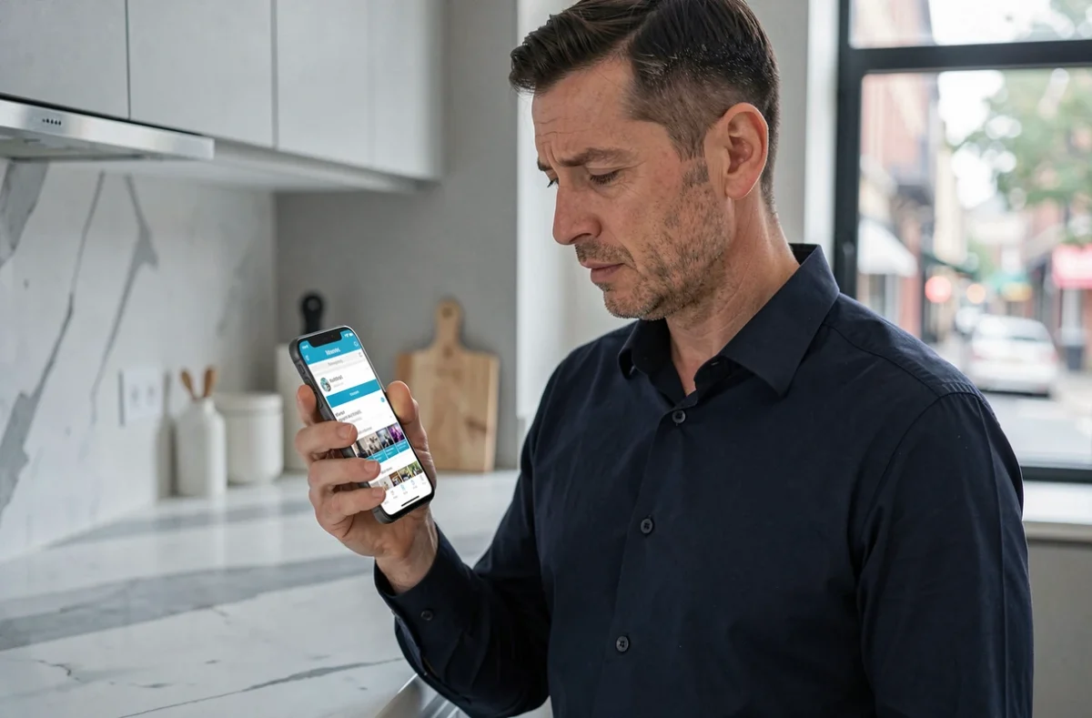 Homme consultant son smartphone pour vérifier la bonne adresse URL d'un site après un changement de nom