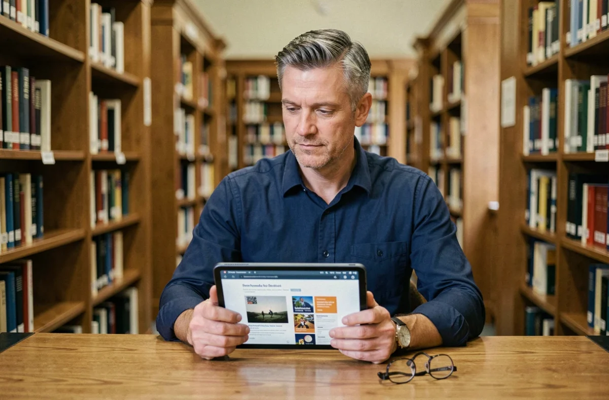 Homme consultant une plateforme d'ebooks gratuits et légaux sur une tablette dans une bibliothèque publique