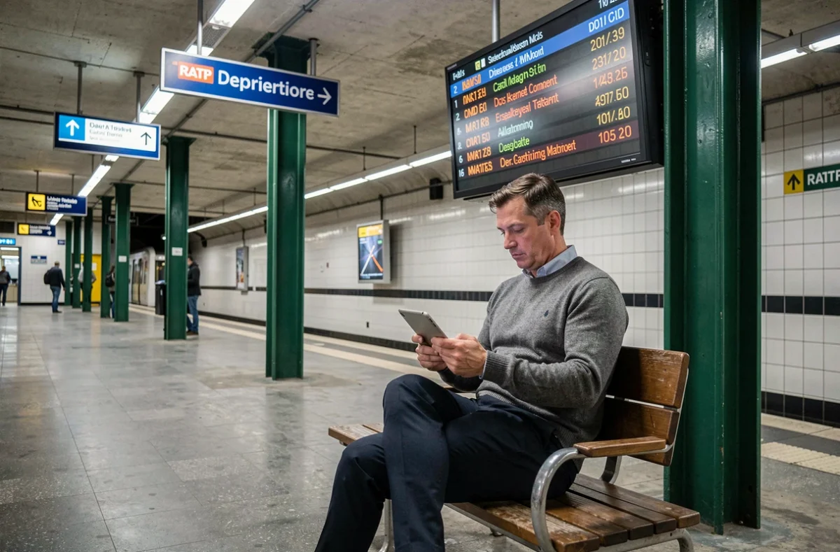 Homme consultant les informations trafic en temps réel sur une tablette dans une station de métro parisienne