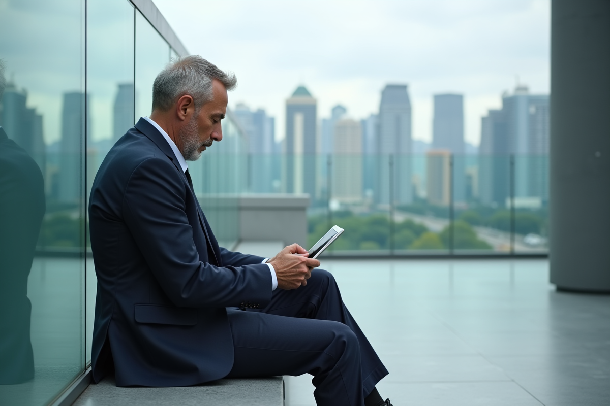 Homme d affaires regardant sa tablette sur une terrasse urbaine