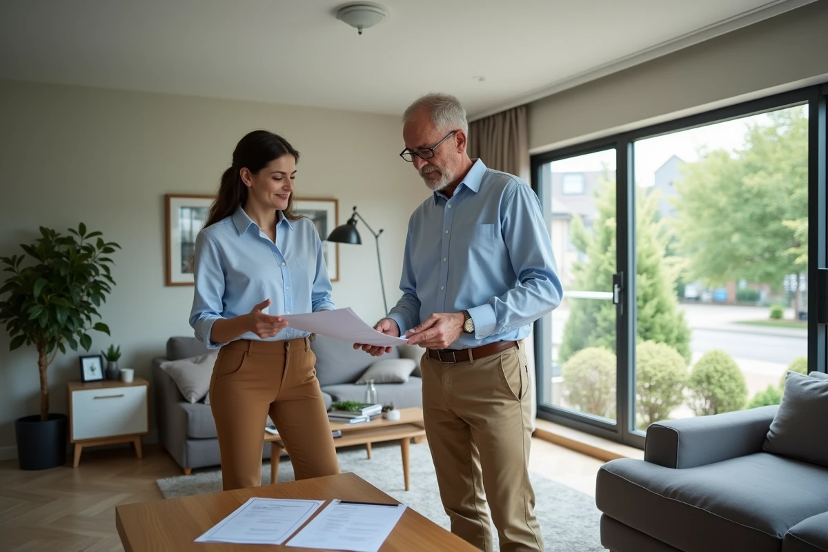 Homme examinant document de valuation dans appartement moderne