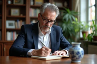 Homme d'âge moyen inspectant un vase en porcelaine dans un salon