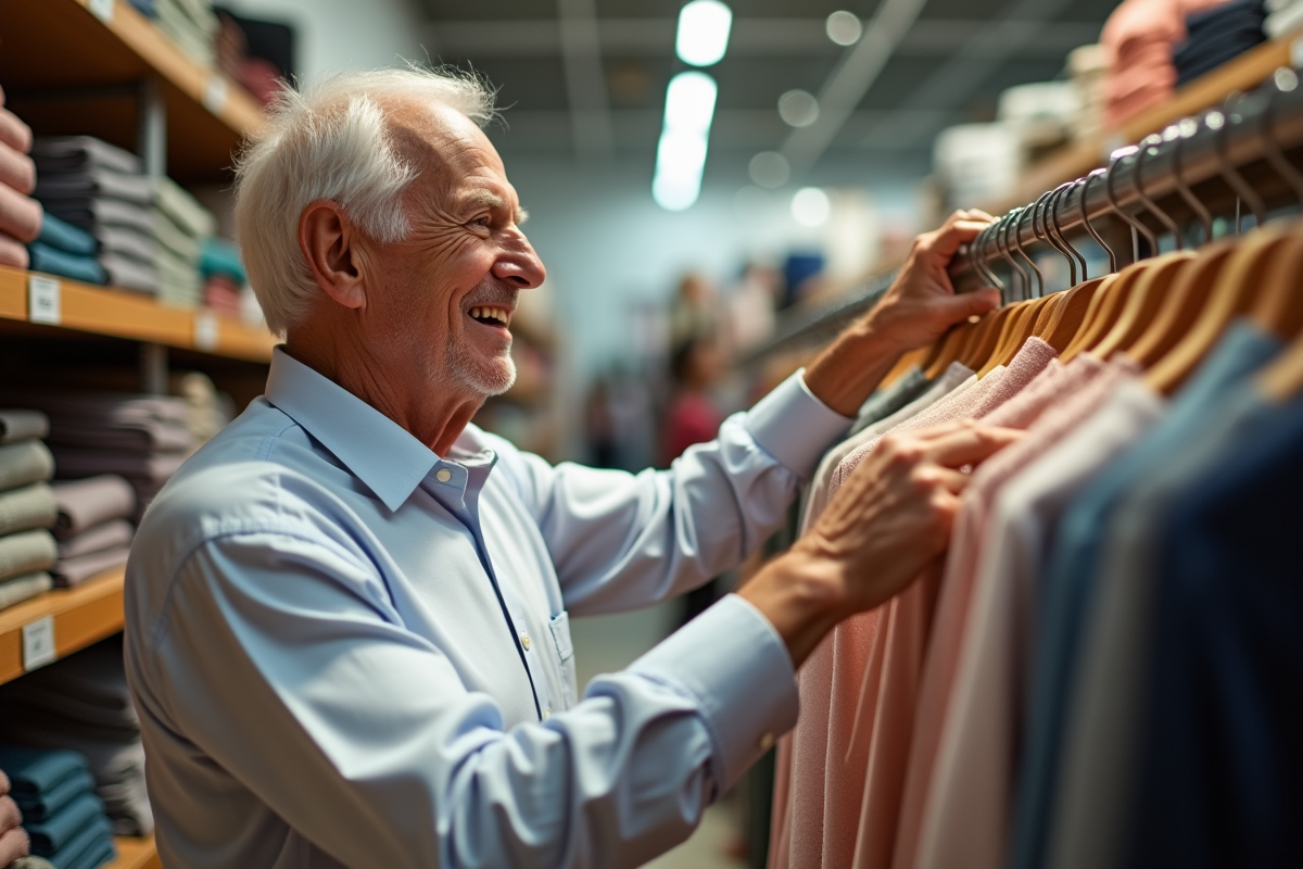 Homme âgé touche un satin dans une boutique de tissus