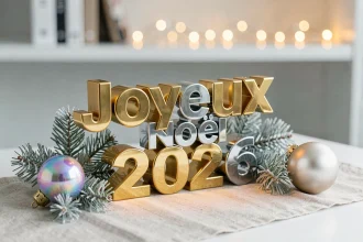 Affichage 3D de vœux Joyeux Noël 2026 avec lettres dorées et argentées sur un bureau moderne décoré de sapins givrés et de boules iridescentes