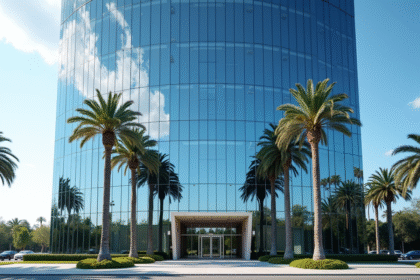 Immeuble moderne avec fenêtres miroir refletant le ciel bleu