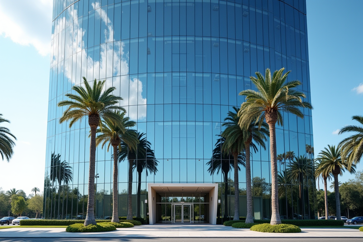 Immeuble moderne avec fenêtres miroir refletant le ciel bleu