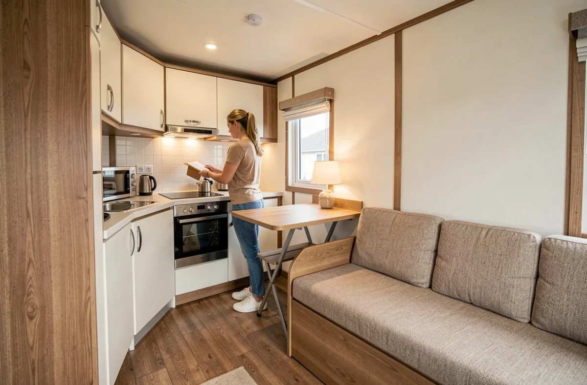 Intérieur spacieux d'un mobil-home moderne avec cuisine équipée et salon aménagé de qualité