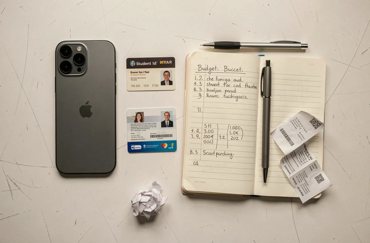 Mise en scène d'un budget étudiant avec un iPhone 14, une carte étudiante et un cahier de comptes sur un bureau