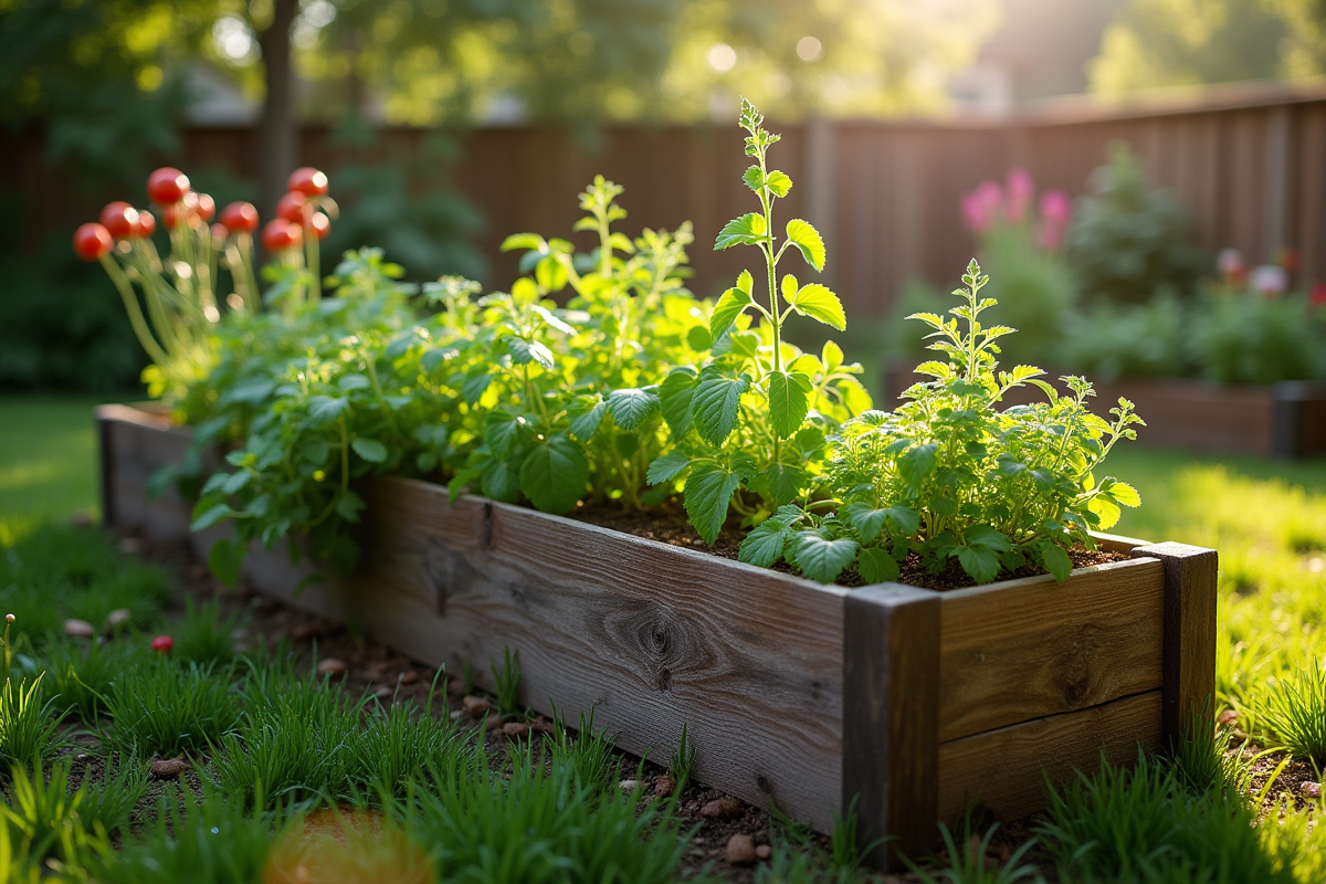 Potager en bois avec herbes et legumes sous la lumiere du matin