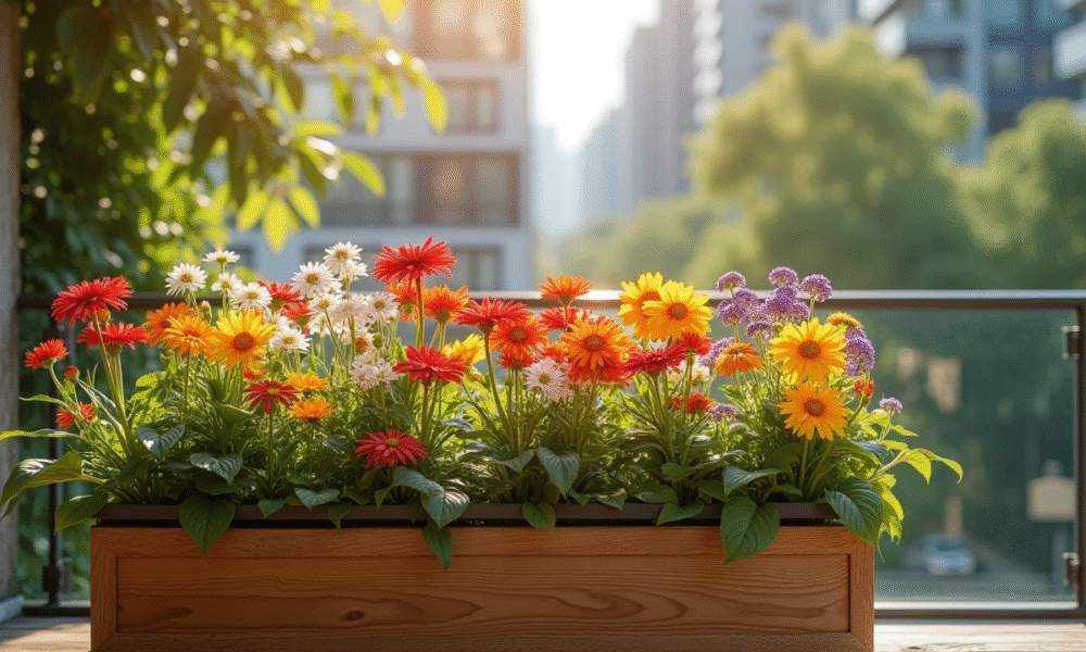 Balcon ensoleille avec fleurs colorées dans un pot en bois