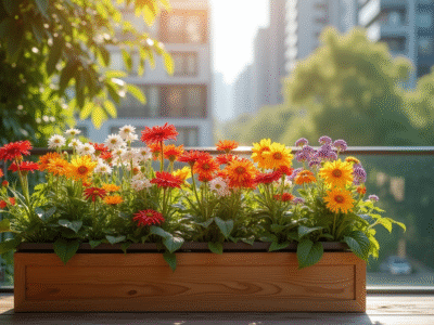 Balcon ensoleille avec fleurs colorées dans un pot en bois