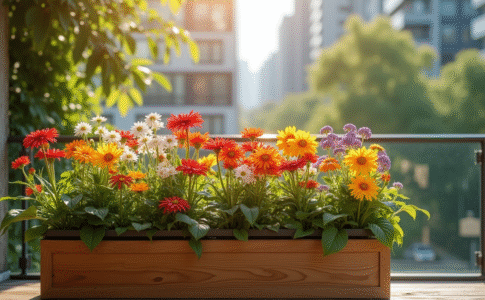 Balcon ensoleille avec fleurs colorées dans un pot en bois