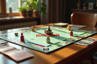 Jeu Monopoly vintage sur une table en bois avec billets et pièces