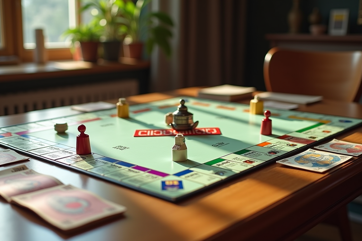 Jeu Monopoly vintage sur une table en bois avec billets et pièces