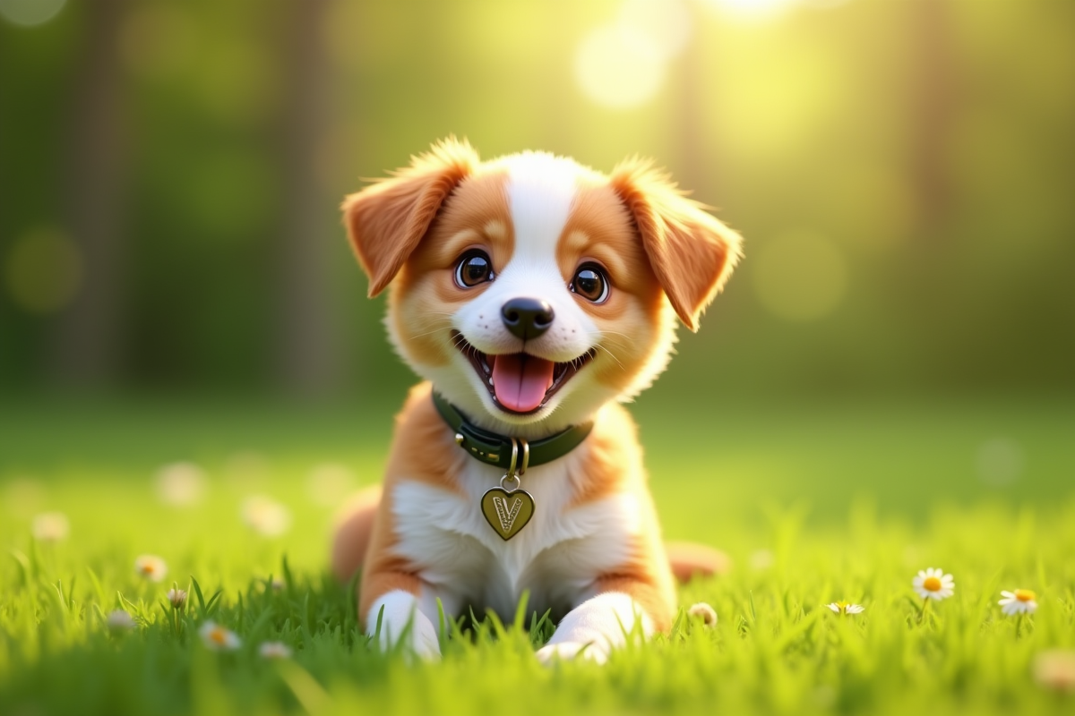 Jeune chienne joyeuse avec collier et nom gravé V