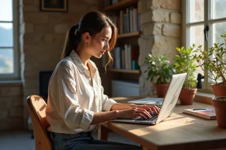 Jeune femme corse sur son ordinateur à la maison