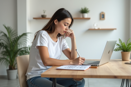 Jeune femme designer esquissant un logo dans un studio moderne