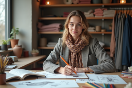 Jeune designer mode esquissant des créations dans son studio