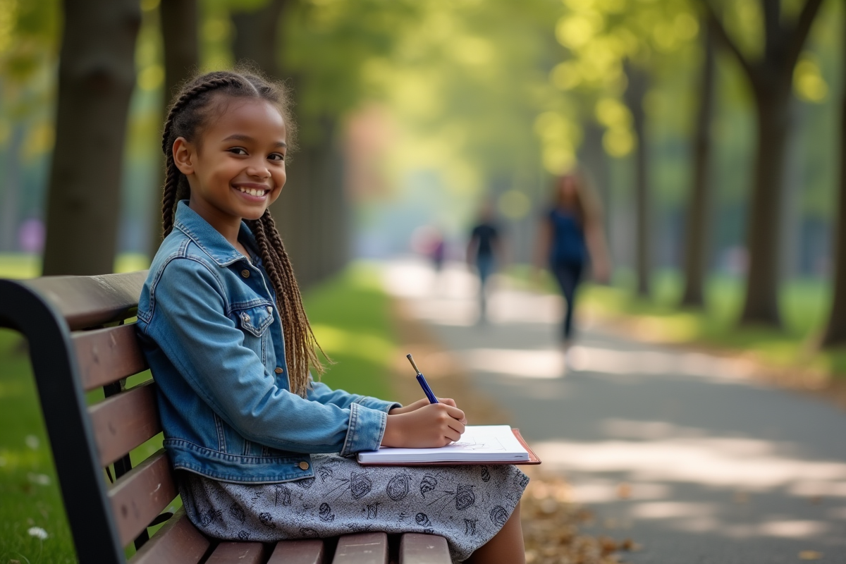 Jeune fille dessinant dans un parc en plein air