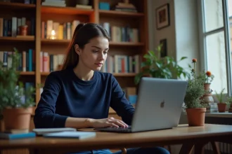 Jeune femme concentrée utilisant un ordinateur pour apprendre le français