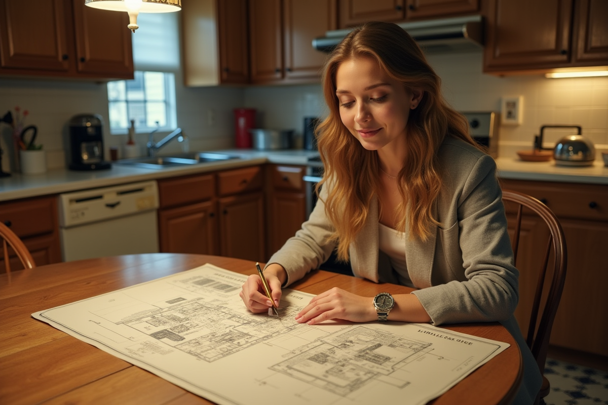 Jeune femme examinant plans et annonce immobiliere