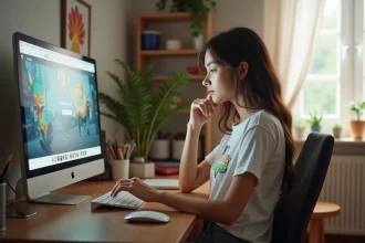 Jeune femme pensant devant son ordinateur dans sa chambre