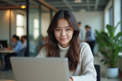 Jeune femme au bureau à Paris travaillant sur son ordinateur