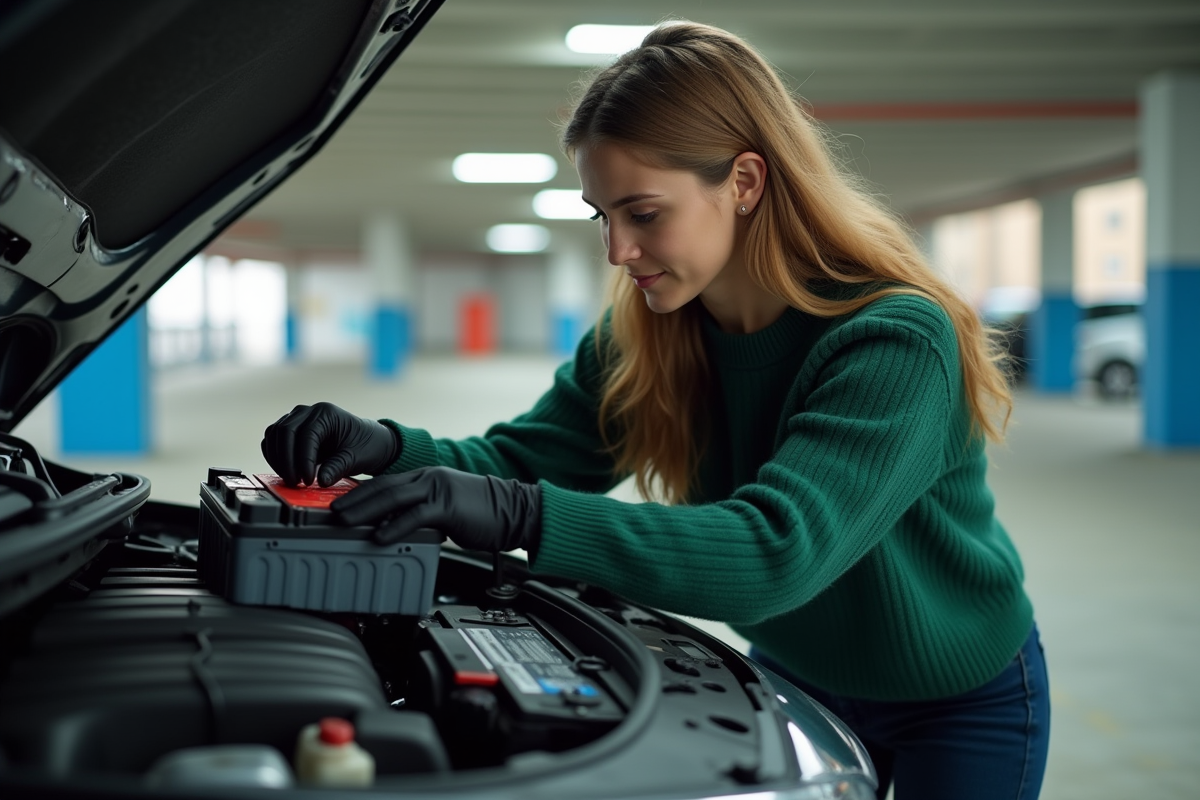 Jeune femme posant une nouvelle batterie dans une voiture en parking urbain