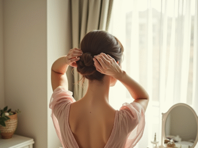 Jeune femme coiffant un chignon devant une fenêtre ensoleillée