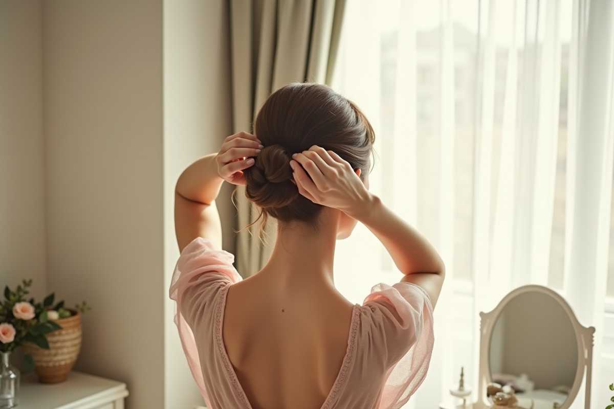 Jeune femme coiffant un chignon devant une fenêtre ensoleillée