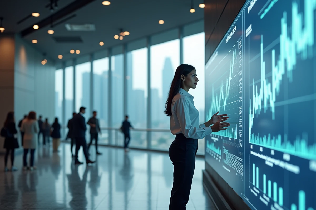 Jeune femme économiste indienne devant un écran de graphiques RBI