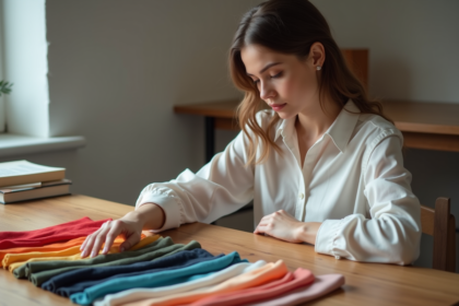 Jeune femme examine des échantillons de tissus colorés