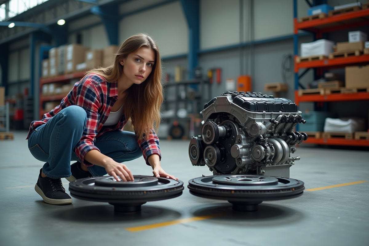 Jeune femme ingénieur comparant deux flywheels dans un garage