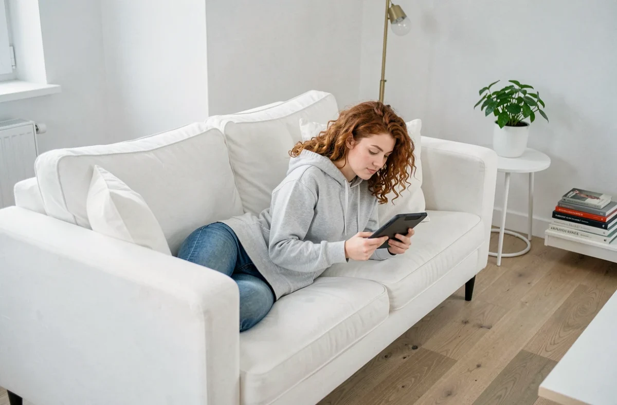 Jeune femme lisant un ebook téléchargé légalement sur une liseuse numérique dans un salon moderne