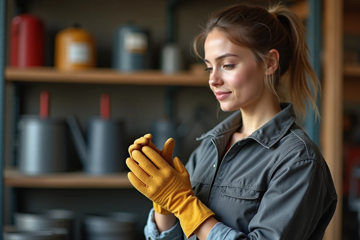 Jeune mécanicienne choisissant ses gants de travail