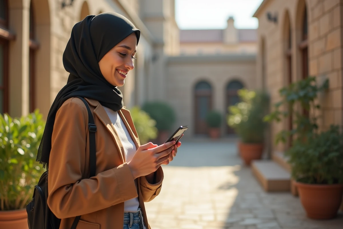 Jeune femme en hijab envoyant un message dans une cour