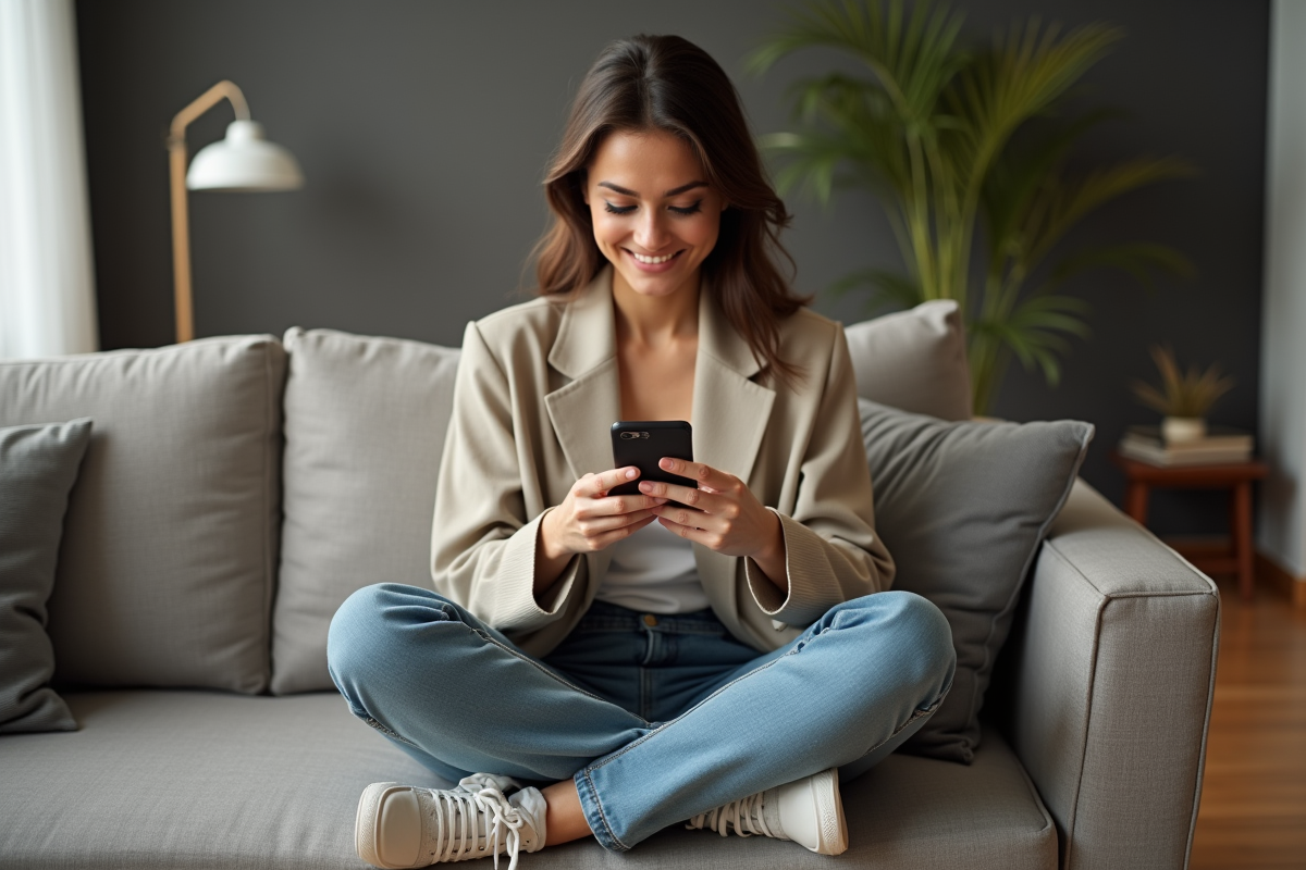 Jeune femme à la mode souriante sur canapé moderne