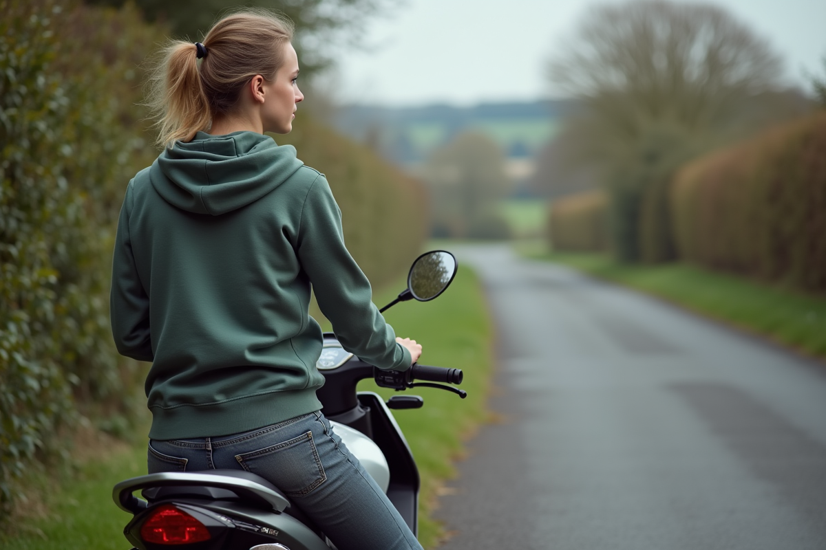 Jeune femme préparant à monter une moto en campagne