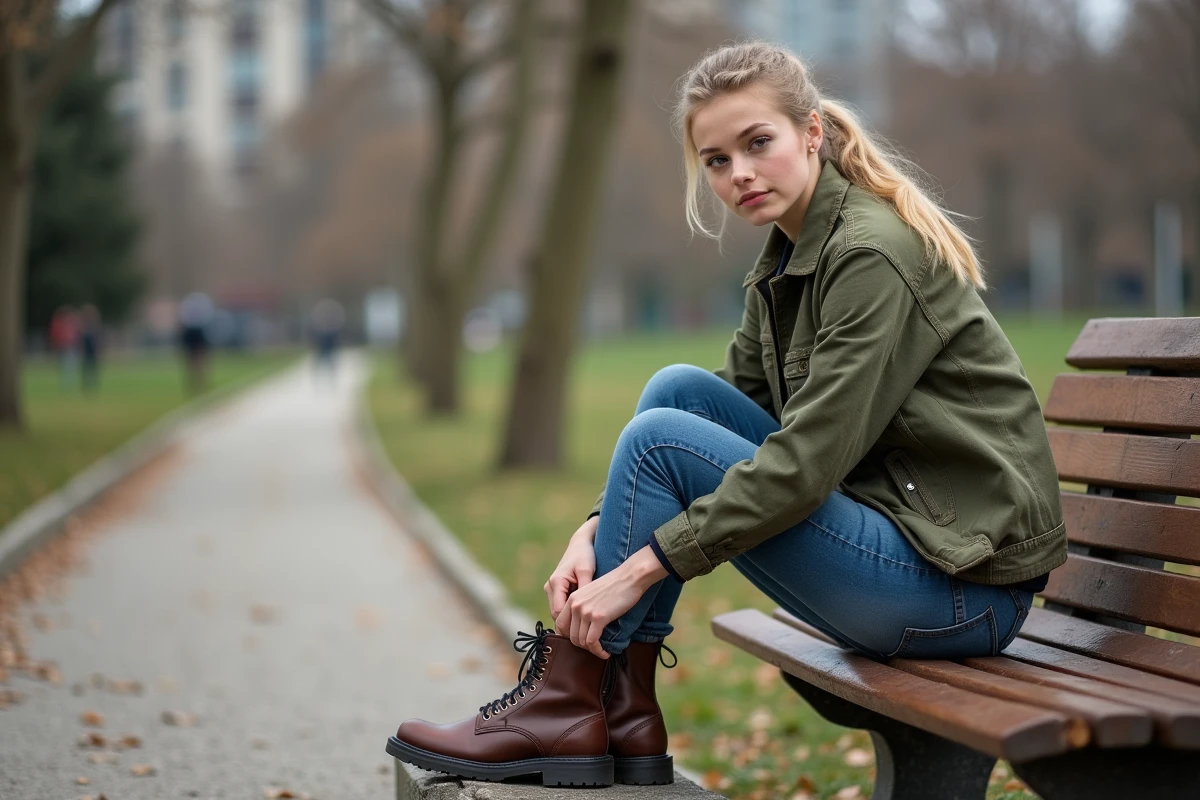 Jeune femme en jean et veste militaire dans un parc urbain