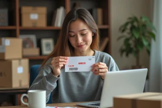 Jeune femme examine un colis de Chine Post à son bureau