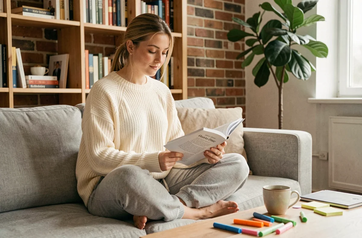 Jeune femme révisant les règles de grammaire française avec un cahier d'exercices dans un appartement cosy