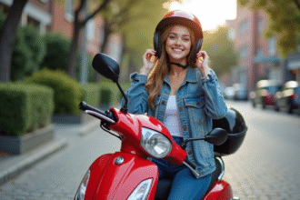 Jeune femme souriante avec casque et scooter rouge en ville