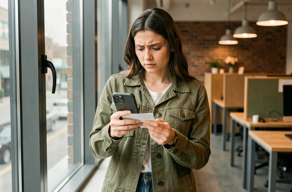 Jeune femme comparant un numéro de téléphone noté sur papier avec les résultats d'un annuaire inversé sur son téléphone