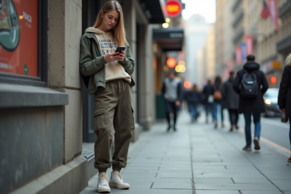 Jeune femme dans la ville vérifiant son téléphone